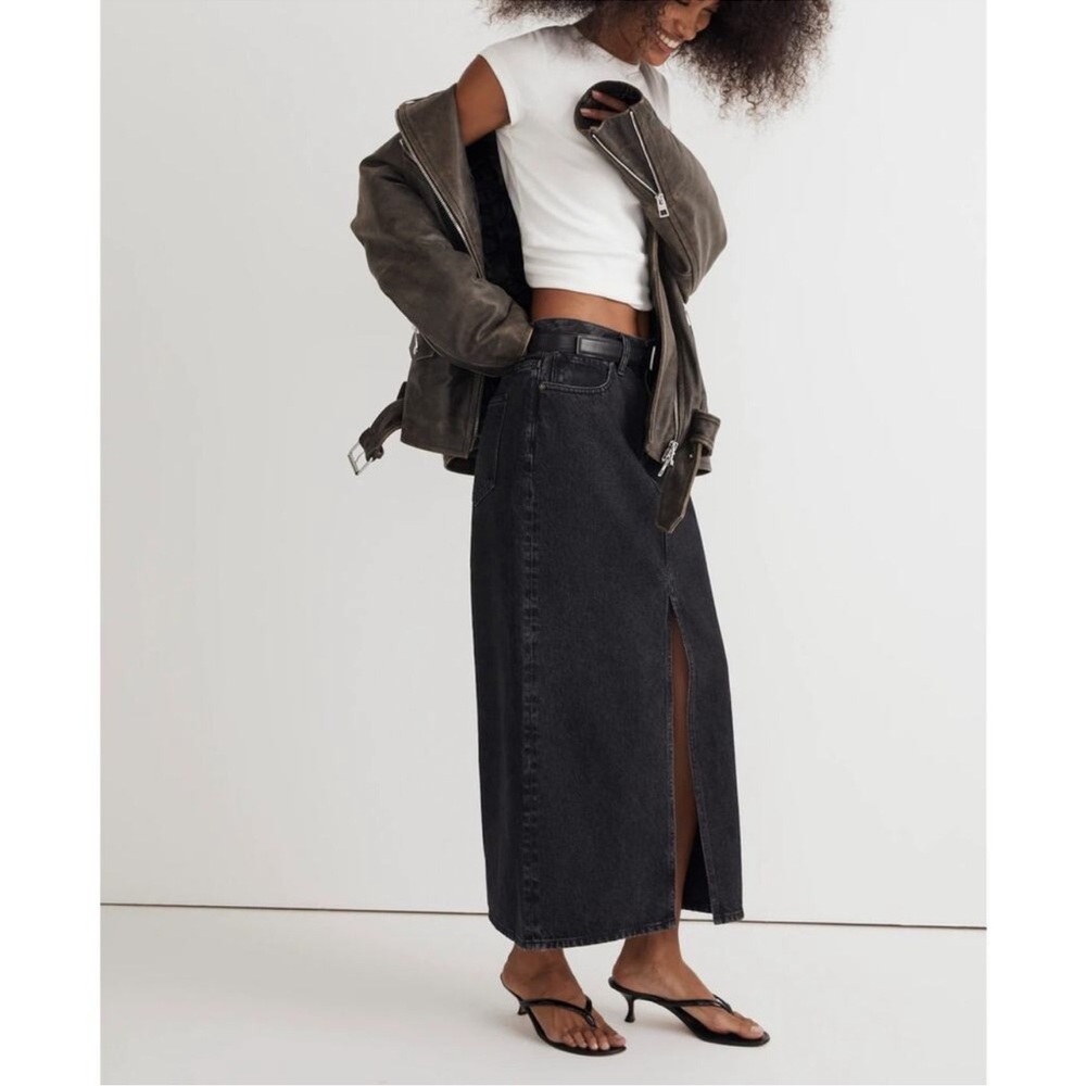 Madewell Cotton Denim Mid-Rise Maxi Skirt in Lunar Wash Black